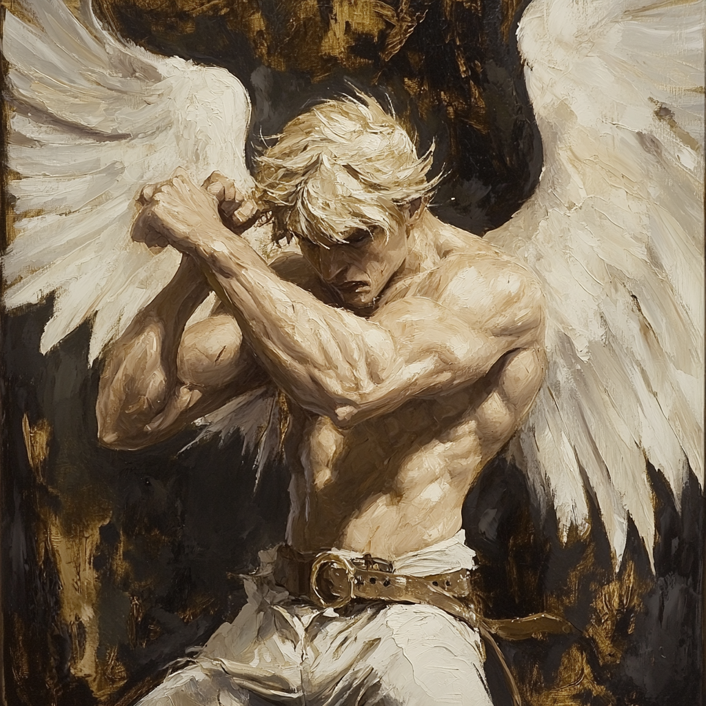 Medieval Male Angel Oil Painting with Flared Wings