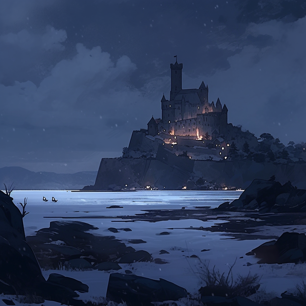 Medieval Scottish Isles Castle Overlooking Sea in Snowy Night