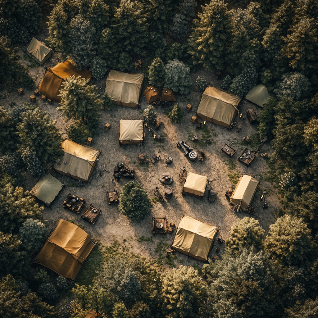 Medieval army camp in forest, tents, artillery weapons