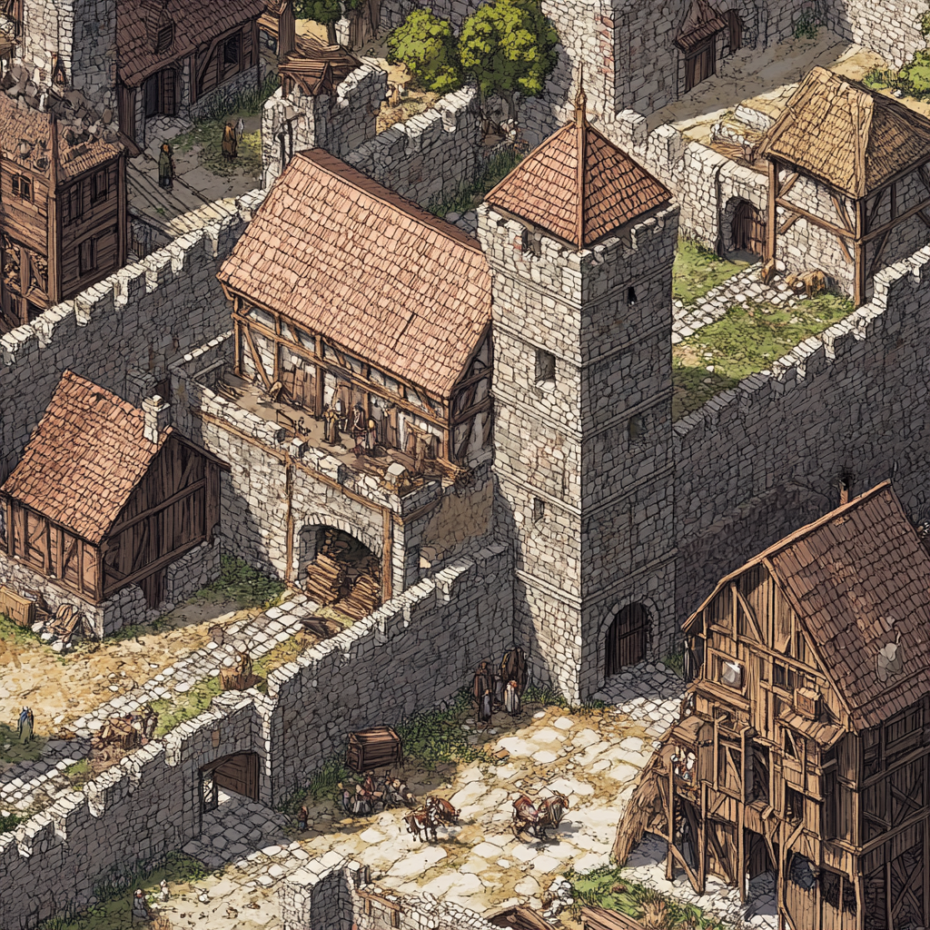 Medieval building site with walls and guard towers