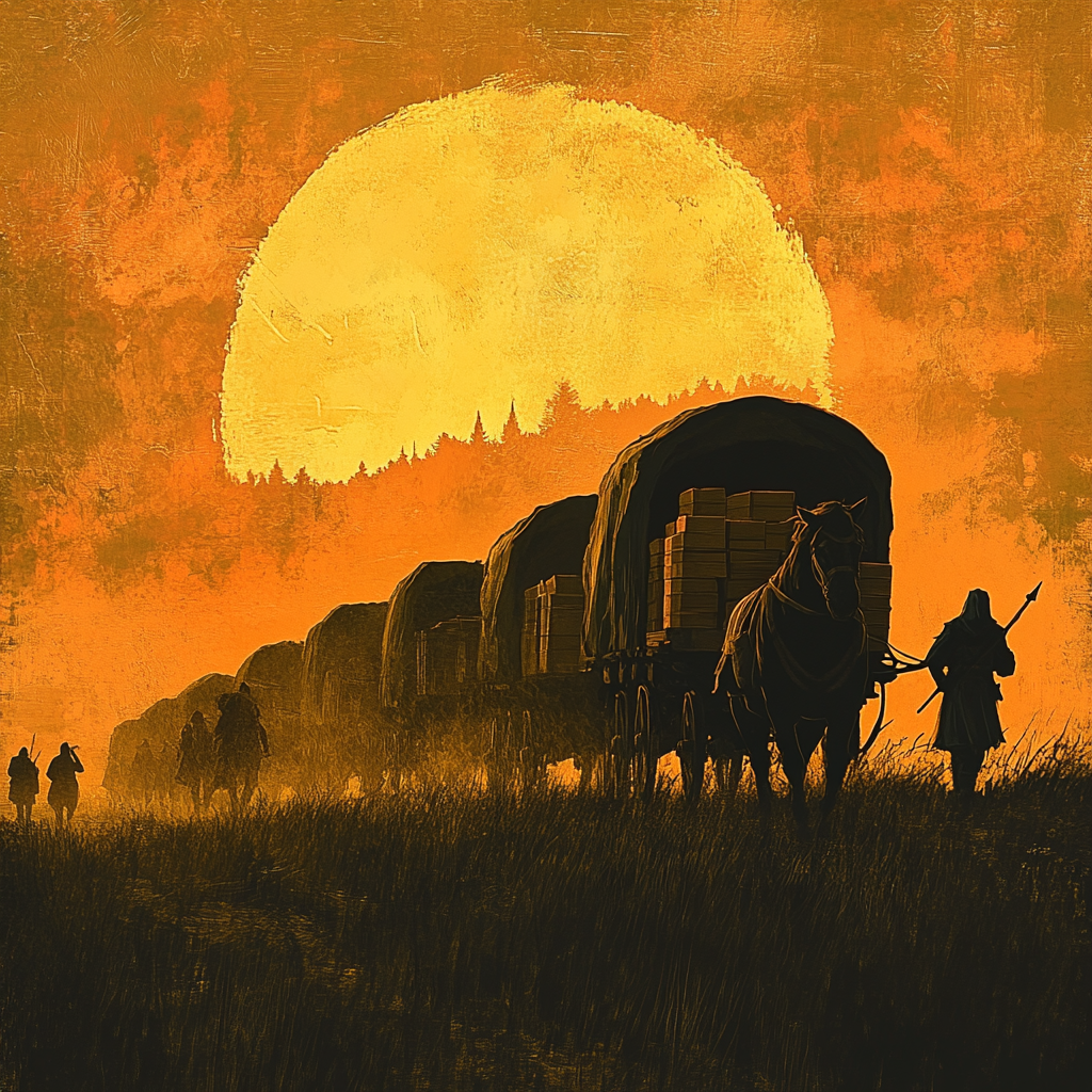 Medieval caravan of seven wagons with guards at sunset.