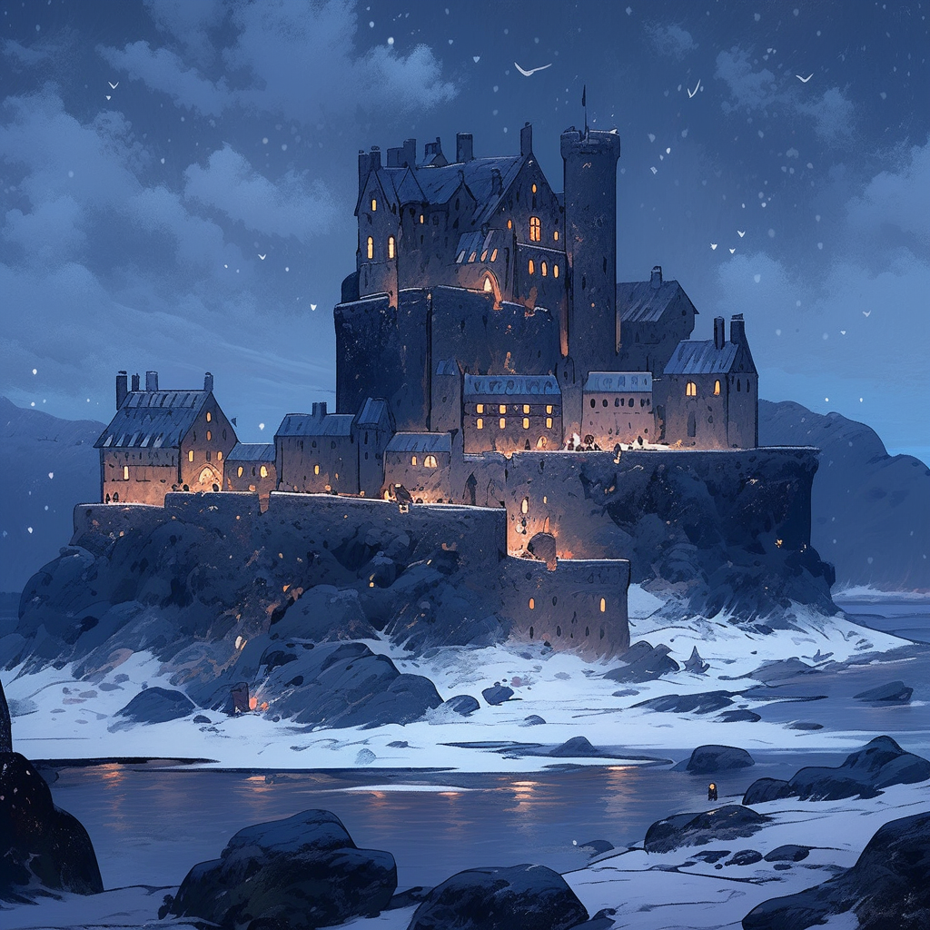 Medieval castle in Scottish isles under snowfall