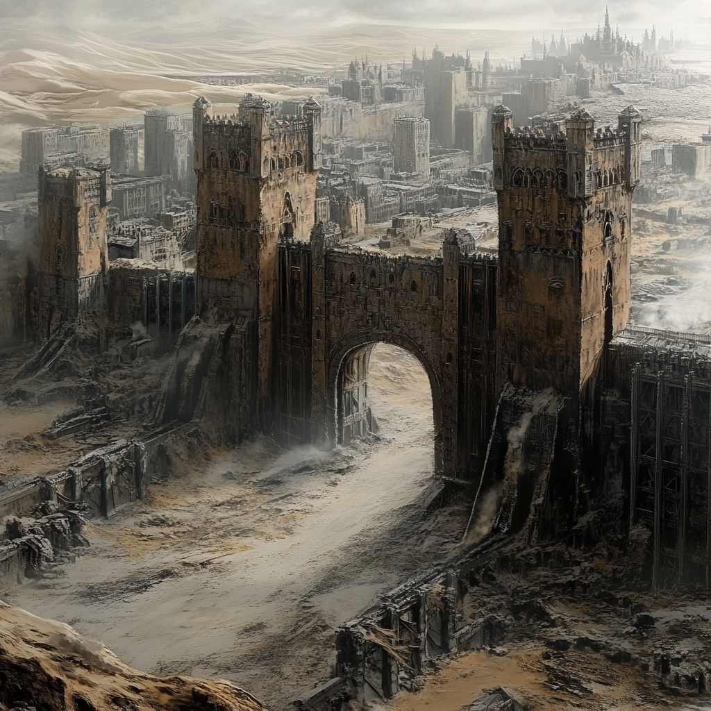 Medieval city gates covered in dirt and soot in poor industrial area.