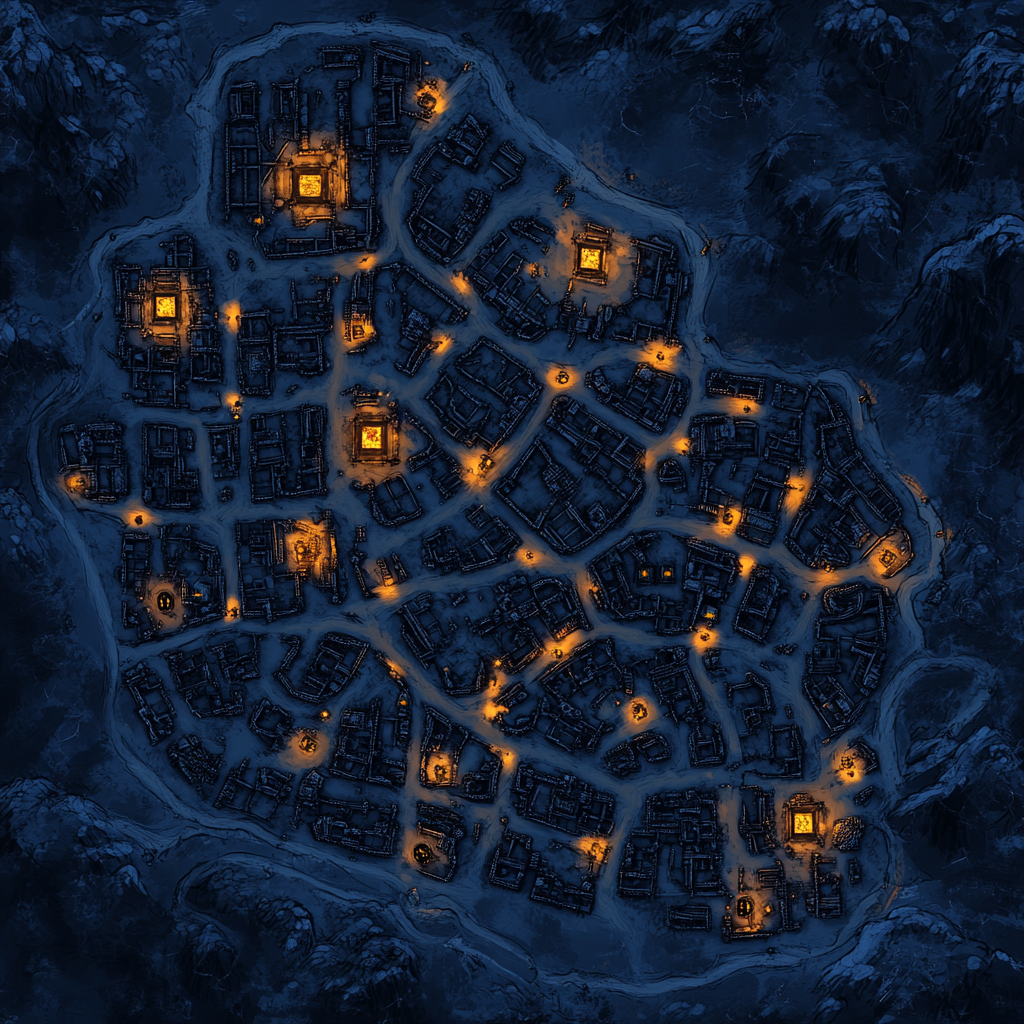 Medieval city map with dark blue and Amber lights