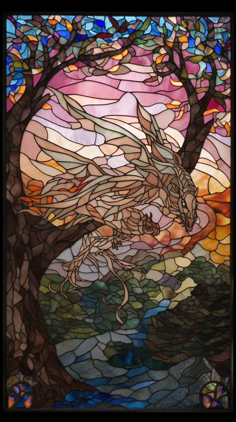 Medieval dragon mosaic in pastel colors with luminous glass.