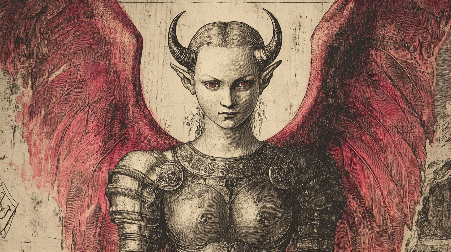 Medieval engraving of female devil in armor with wings.