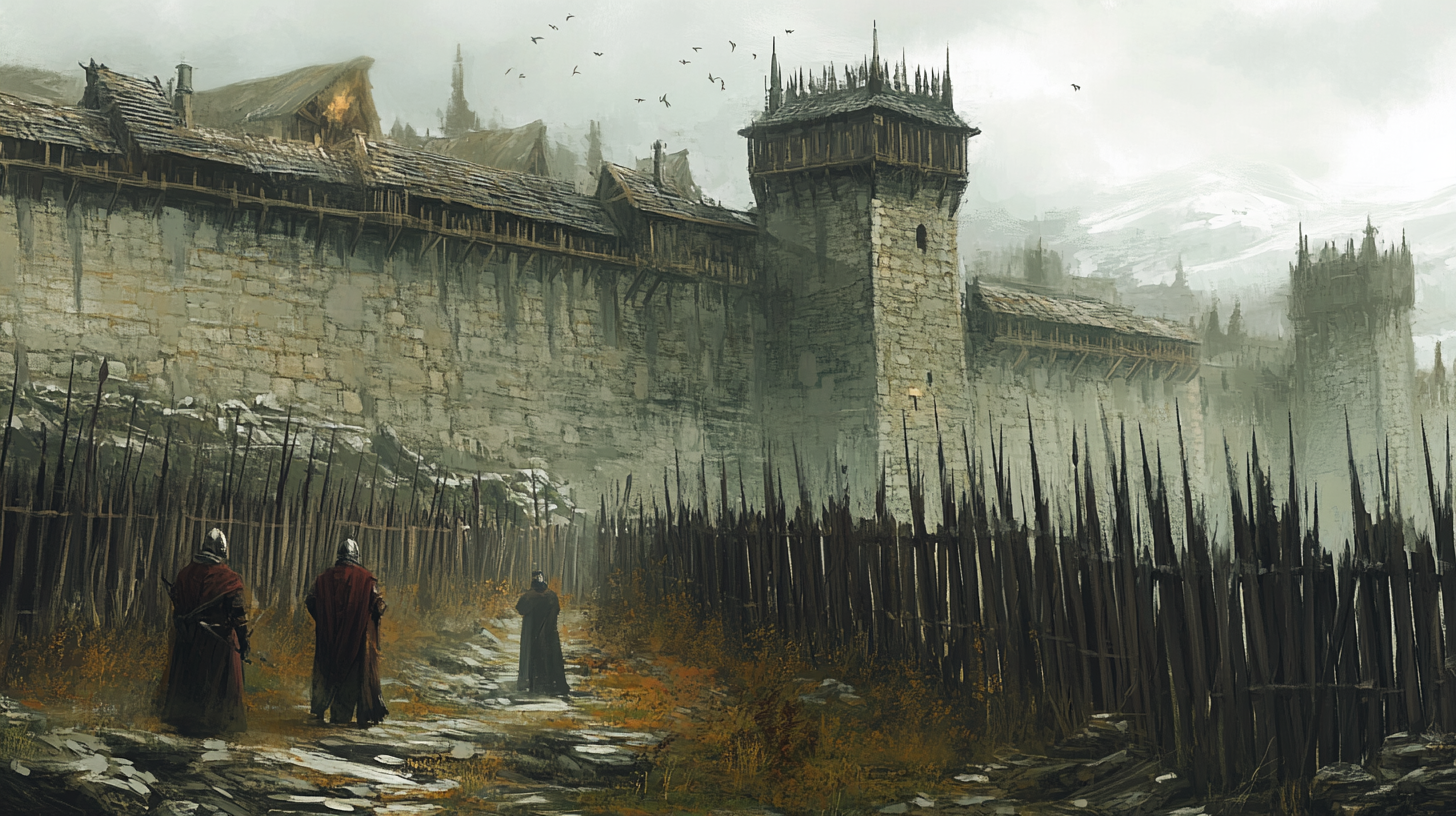 Medieval fantasy concept art with guards on palisade walls.