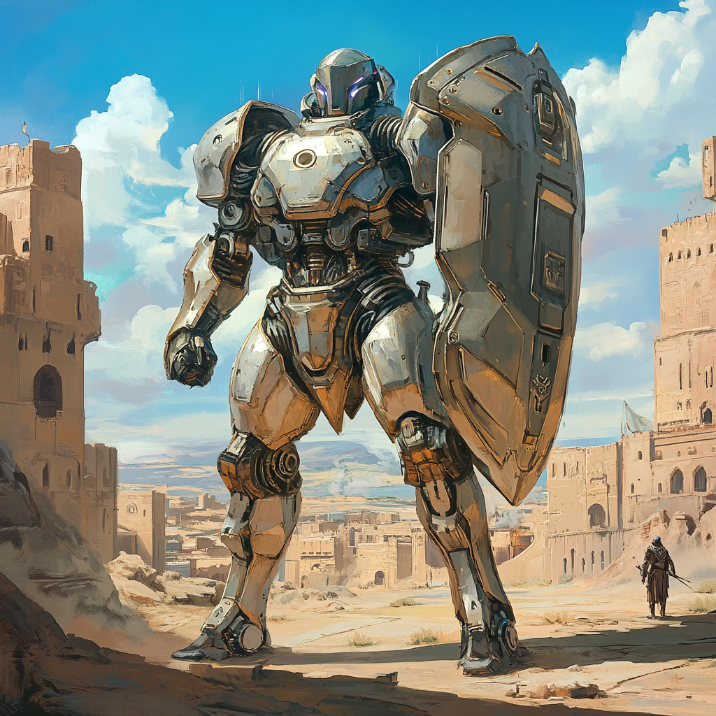 Medieval fantasy robot resembling chivalrous paladin, holding shield.