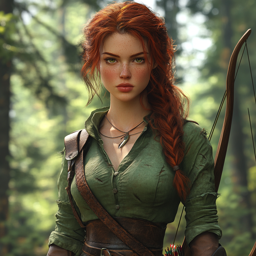 Medieval female hunter with red hair in forest