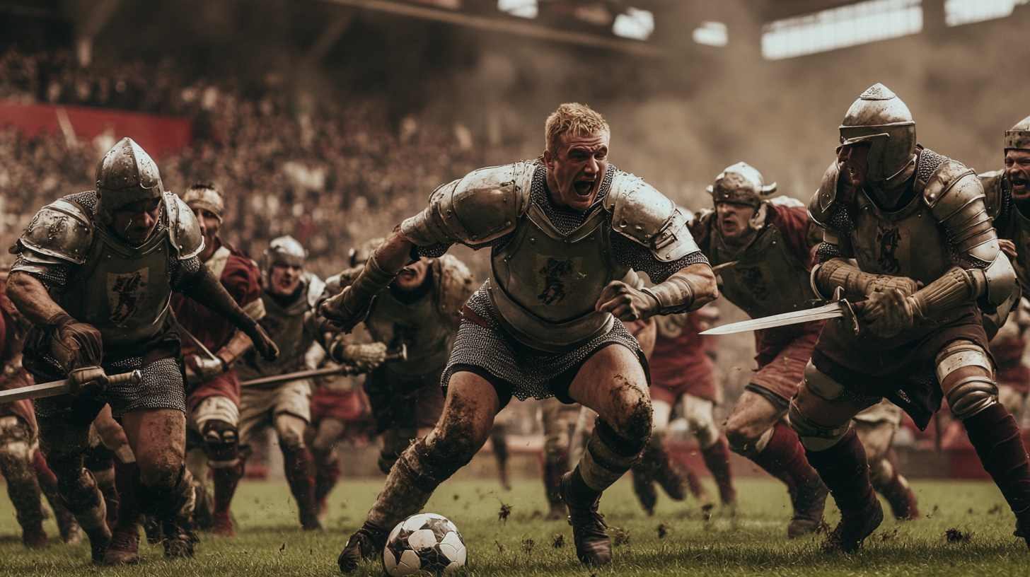 Medieval footballers in armor play at full stadium.