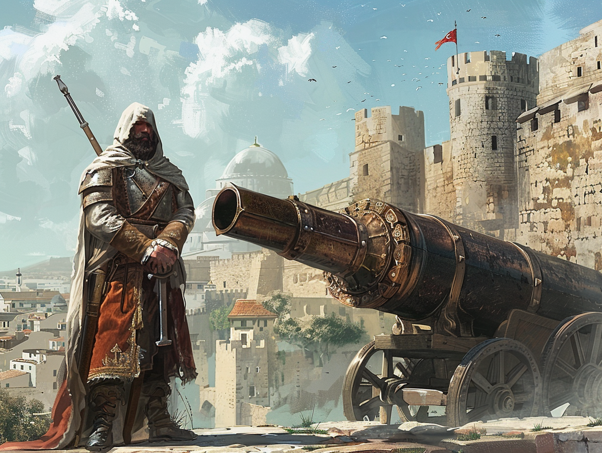 Medieval inventor standing with large cannon, Constantinople walls background