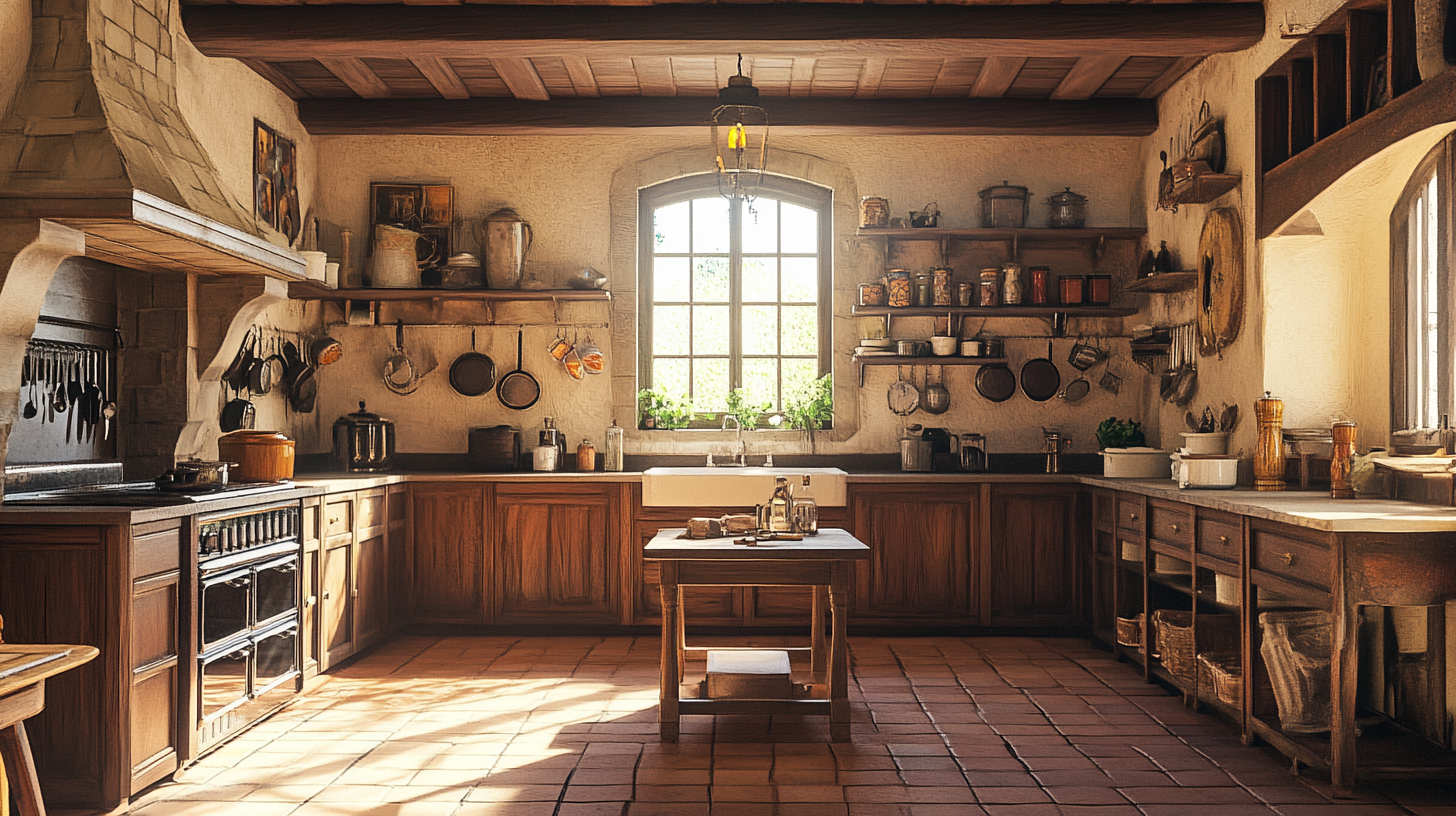 Medieval kitchen with classic design, detailed and realistic.