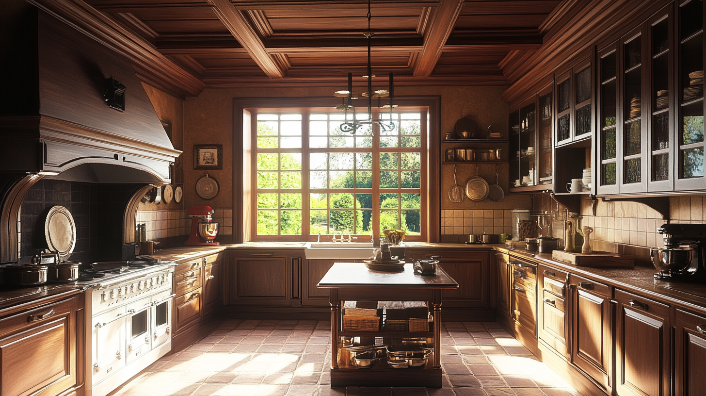 Medieval kitchen with classic wooden design and details.