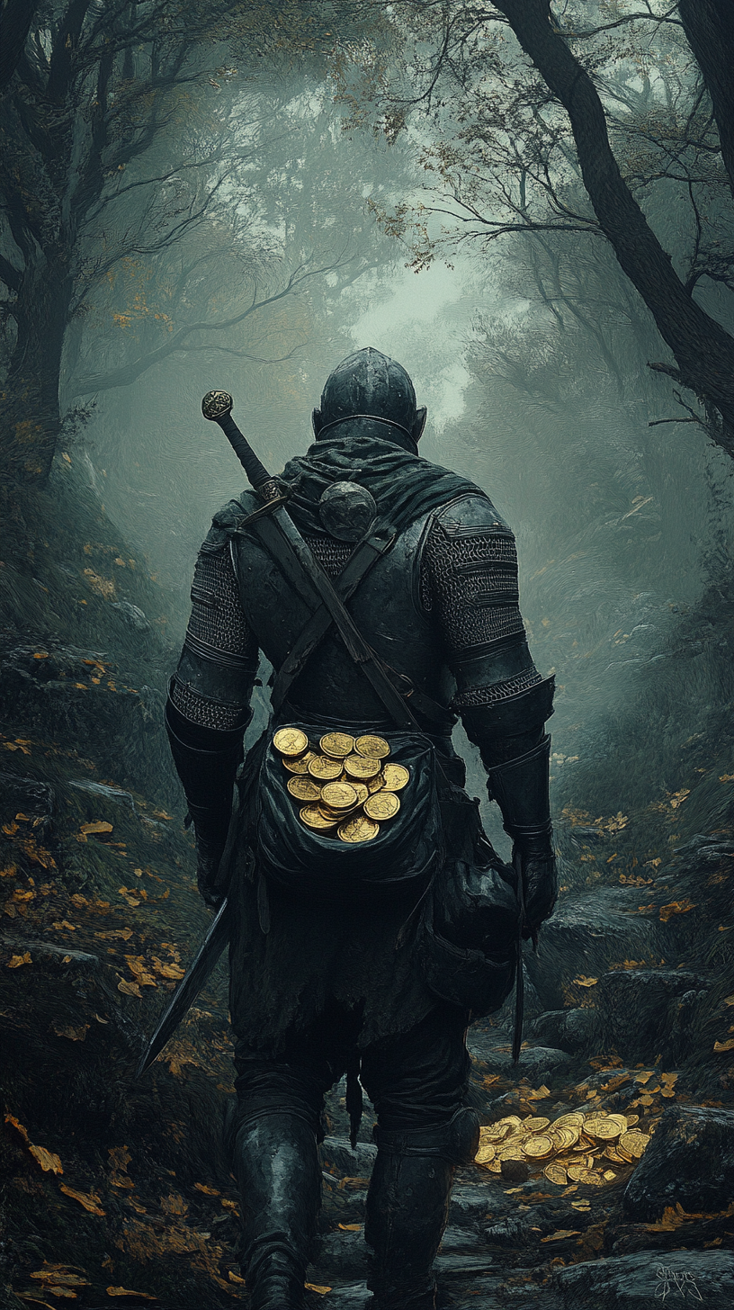 Medieval knight entering dark forest with gold, hyperrealistic poster