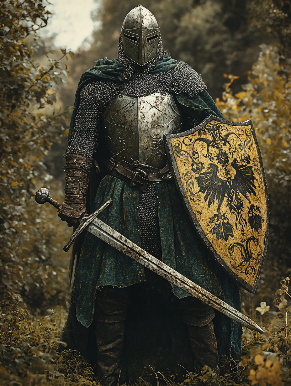 Medieval knight with sword and shield in armor artwork.