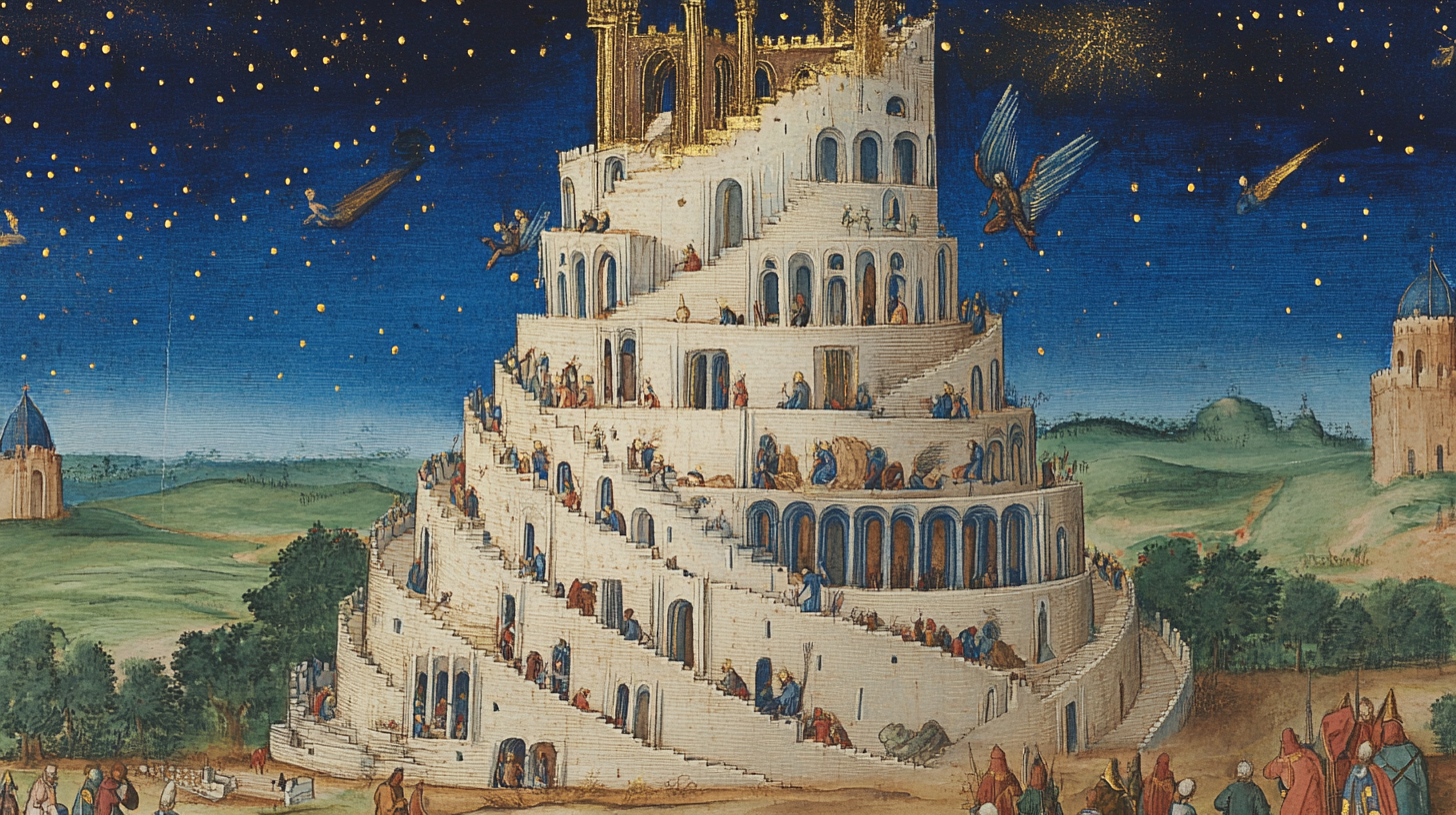 Medieval manuscript illustration of Tower of Babel construction.