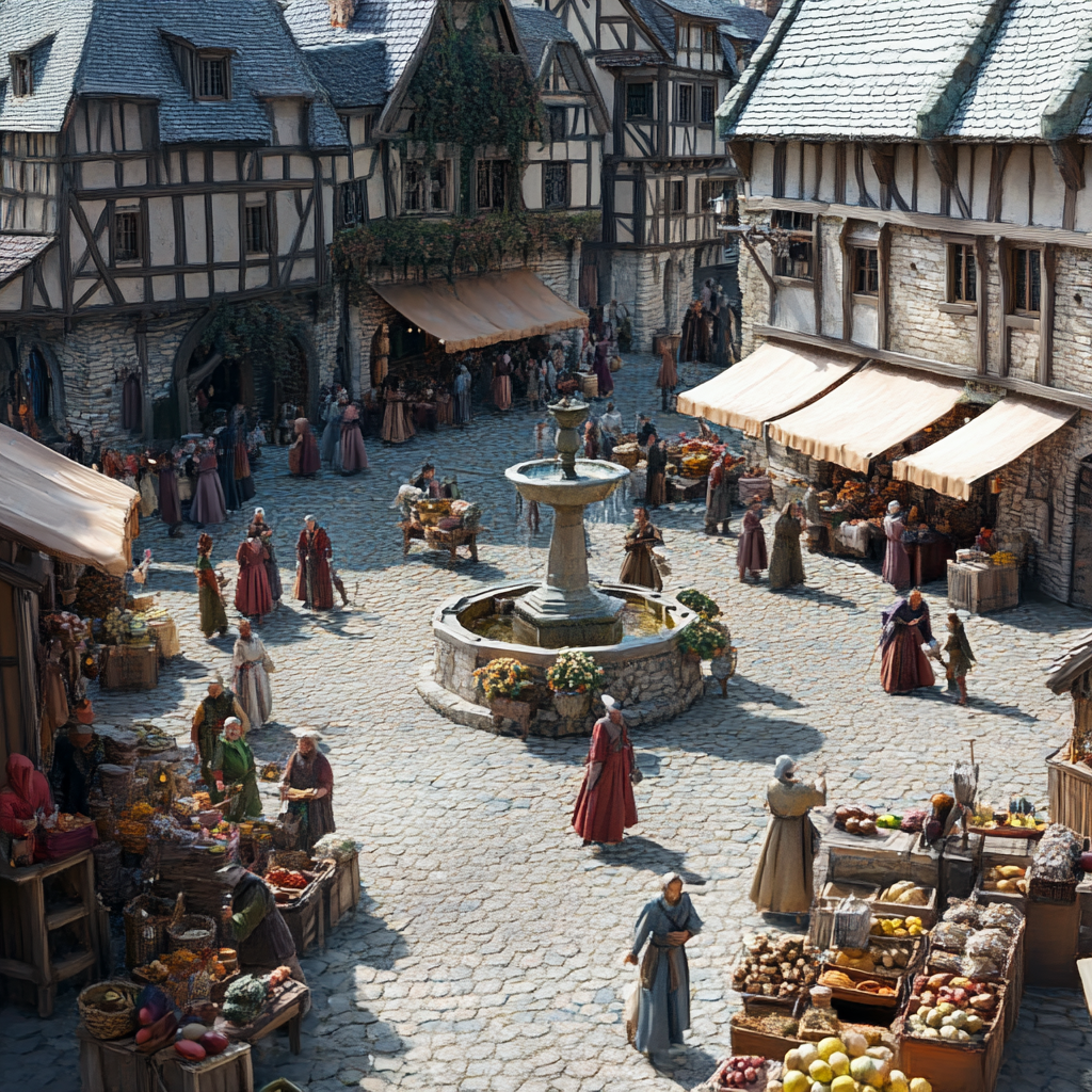 Medieval market square with vendors, townsfolk, fountain, stone buildings.