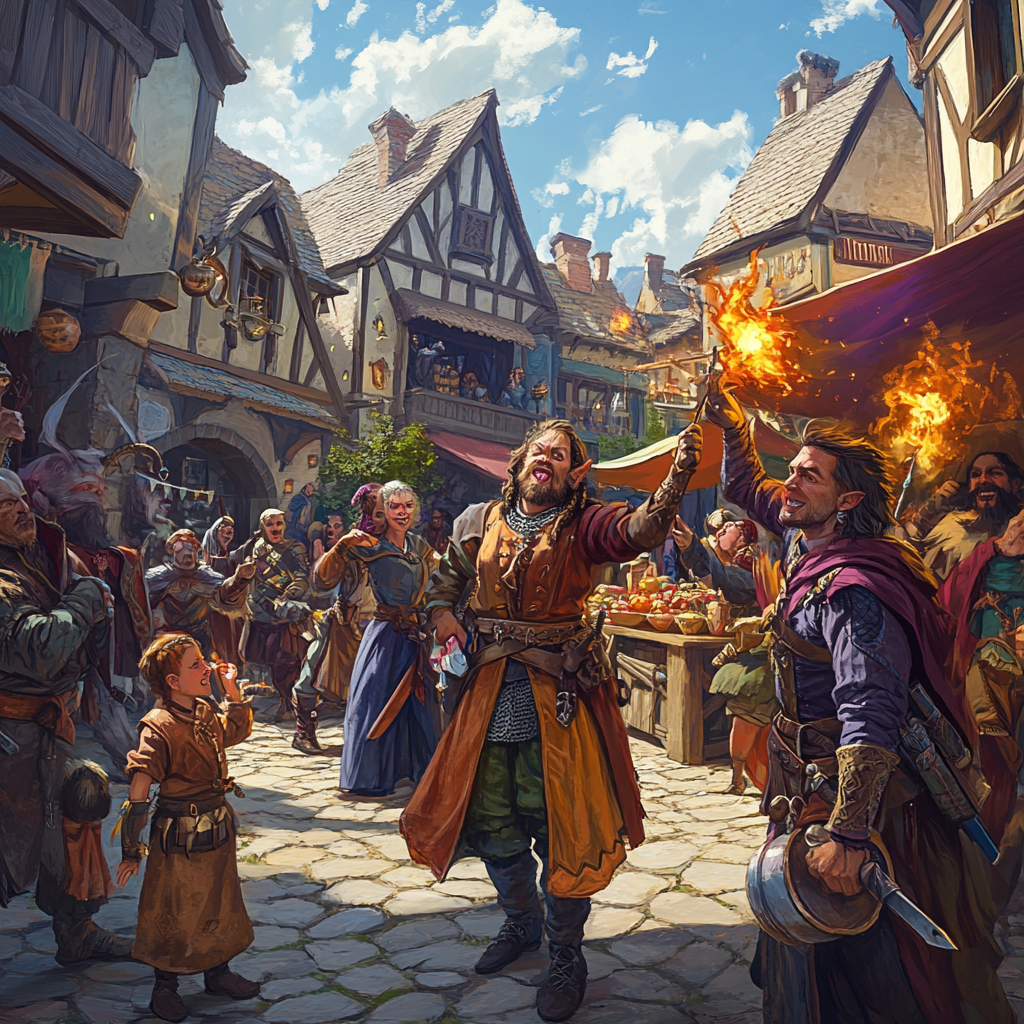 Medieval market with diverse D&D characters, lively energy.