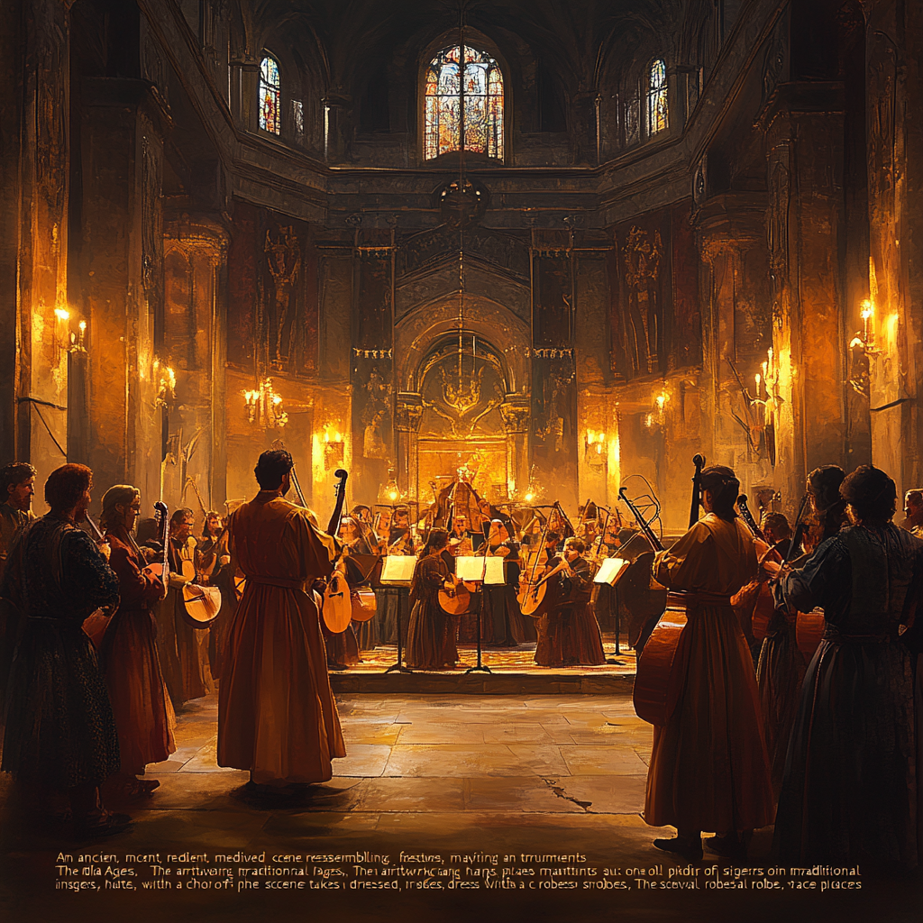 Medieval musicians playing instruments in candlelit stone hall.