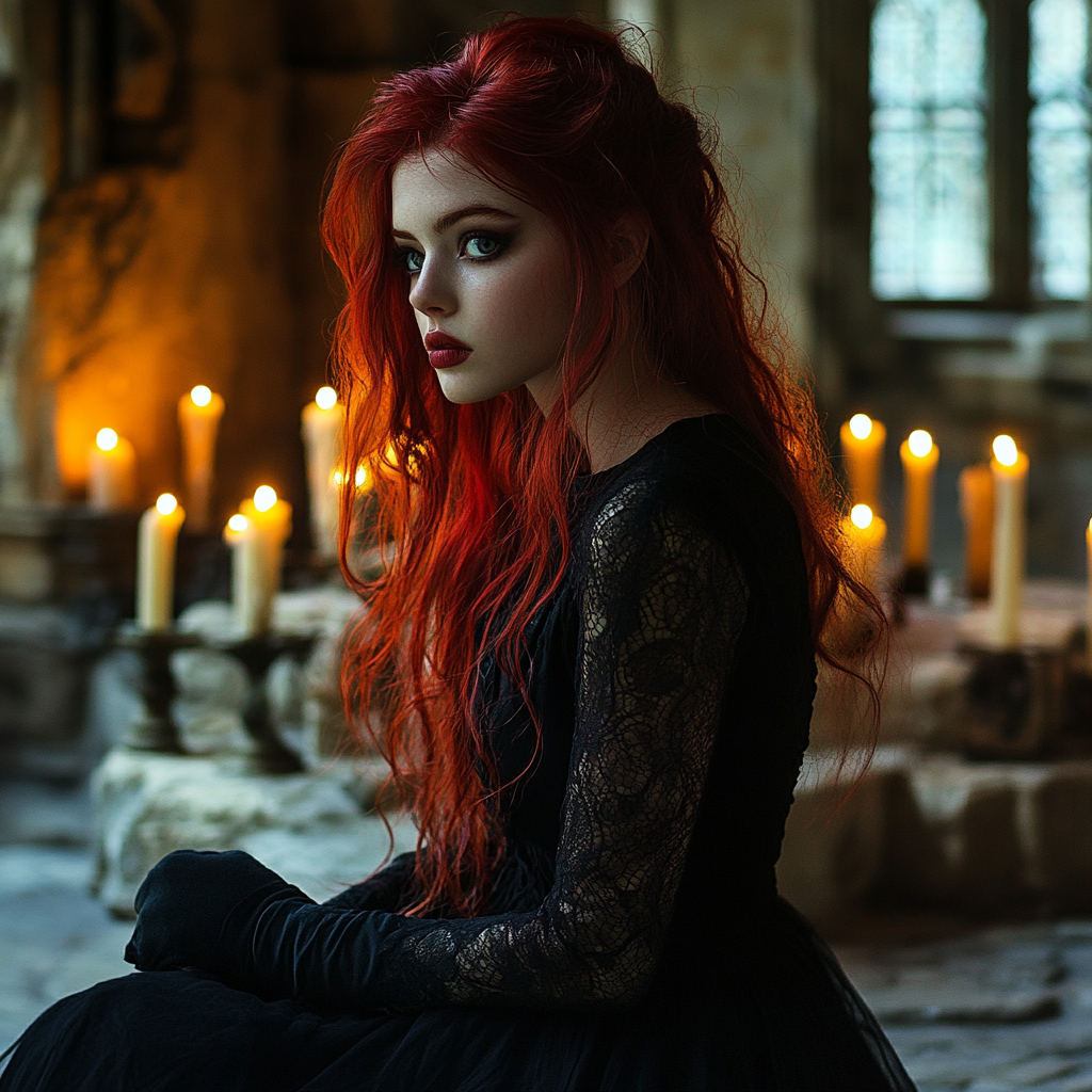 Medieval photoshoot: photorealistic girl with dark red hair