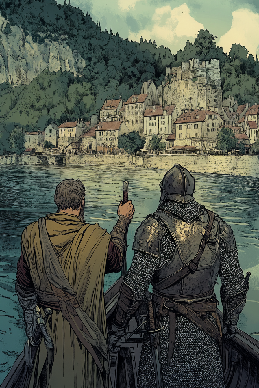 Medieval riverboat sailor and warrior approach island dock.