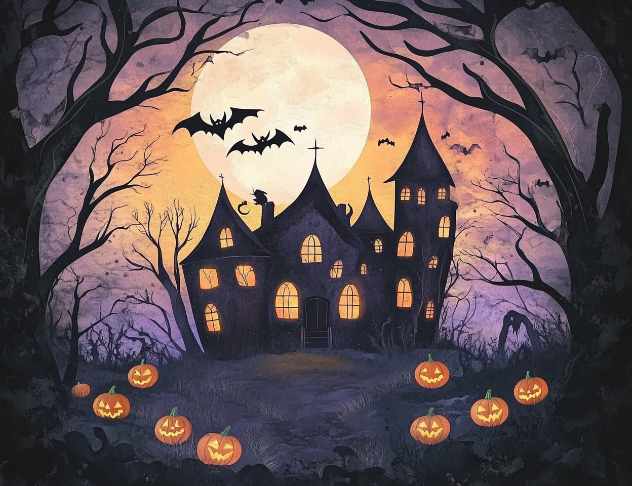 Medieval style adventurers cautiously approach haunted mansion, glowing jack-o'-lanterns.