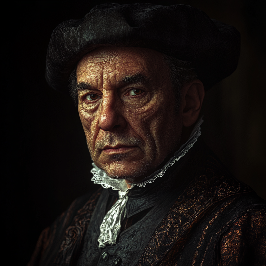 Medieval tavern manager in fancy, dark renaissance portrait.