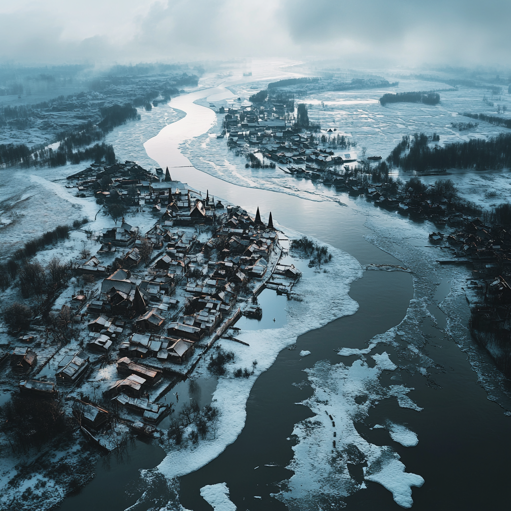 Medieval village by rivers in snowy winter