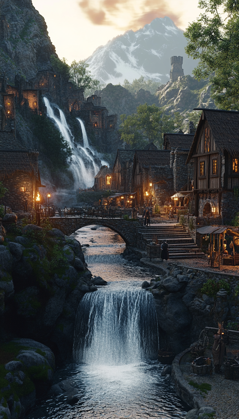 Medieval village near magical waterfall in enchanted valley.