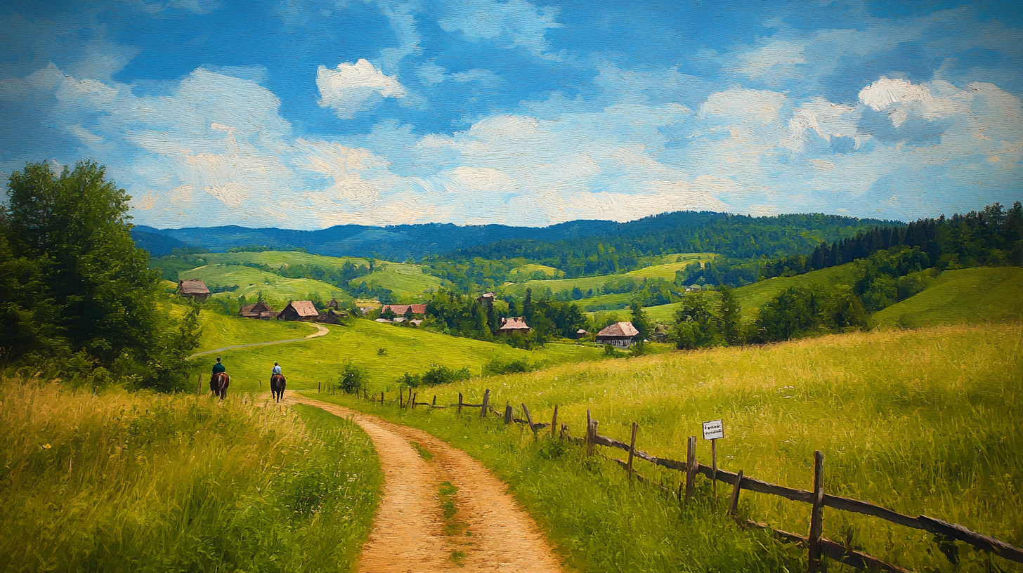 Medieval village on rolling hills under clear skies