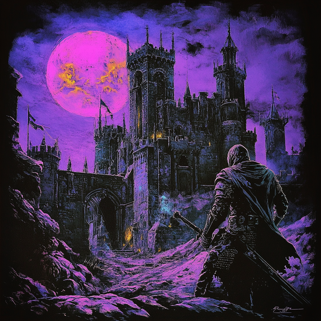 Medieval warrior hologram in neon purple castle