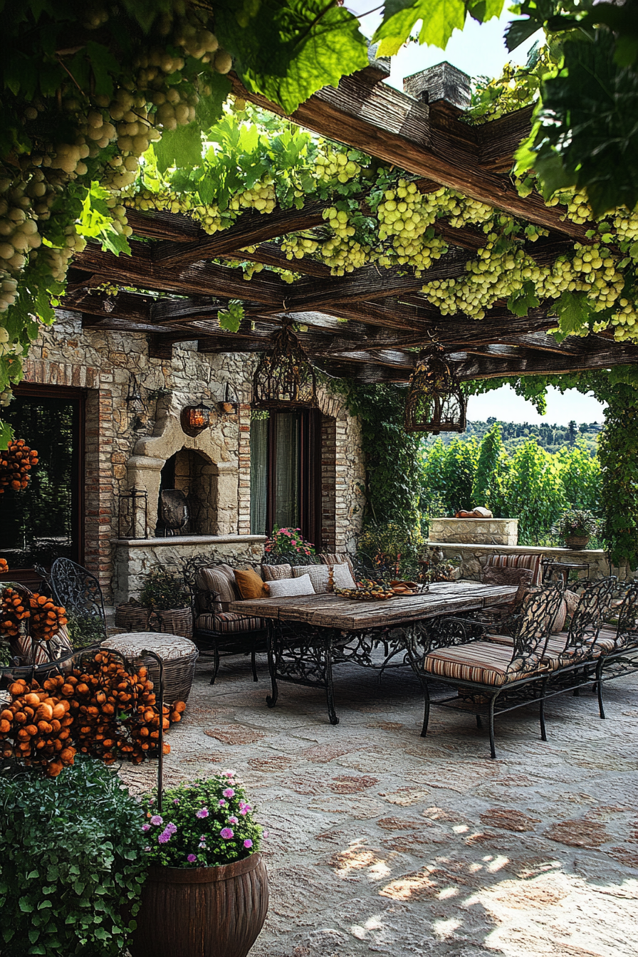 Mediterranean terrace with lush plants, rustic furniture, stone pathways.