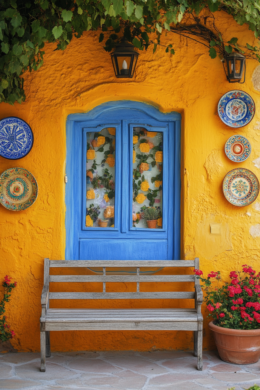 Mediterranean-themed room with vibrant walls and traditional decor.