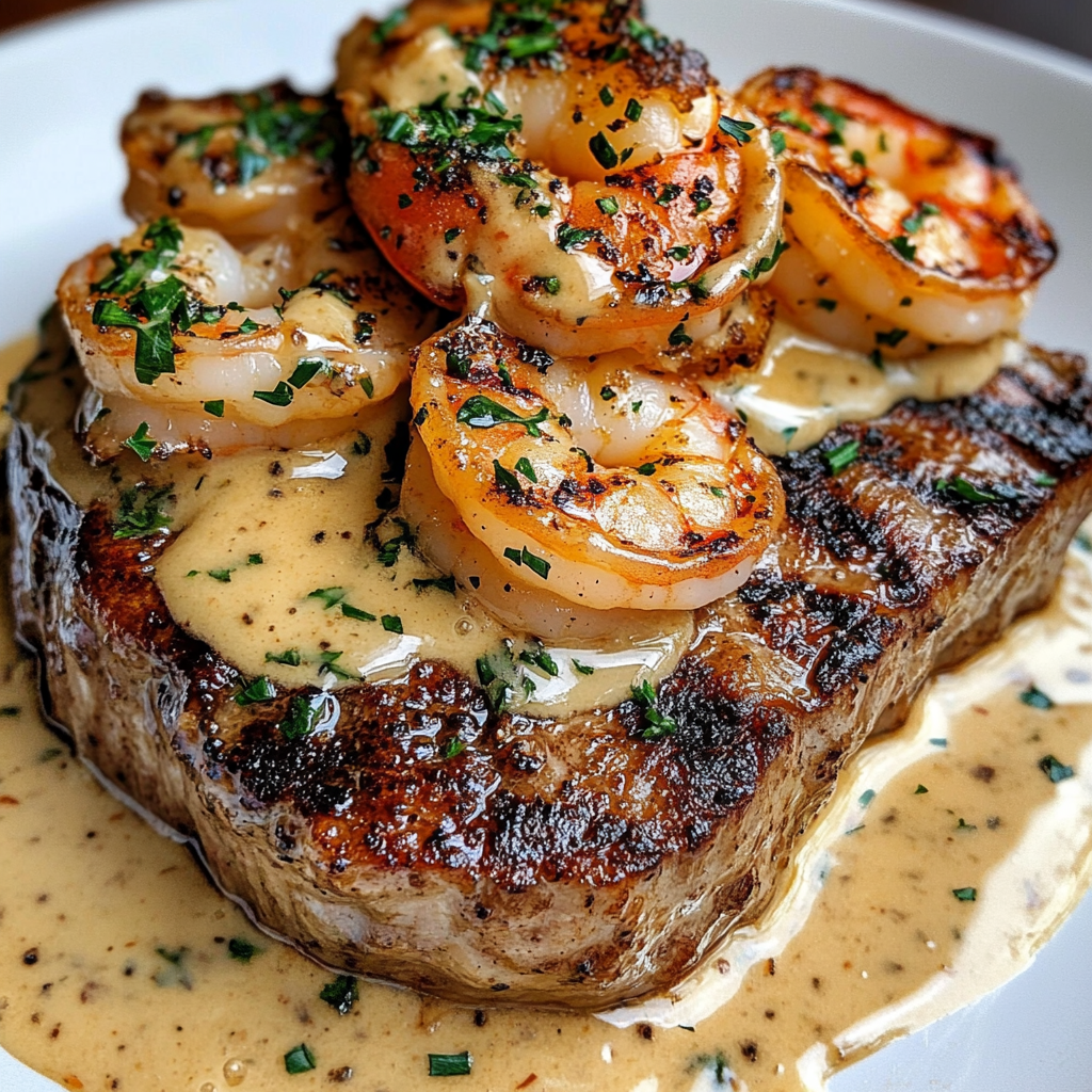 Medium-rare steak with grilled shrimp in garlic sauce.