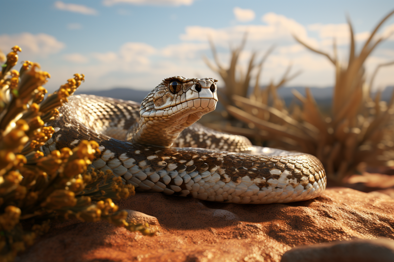 Medium shot of a realistic rattlesnake in desert landscape.