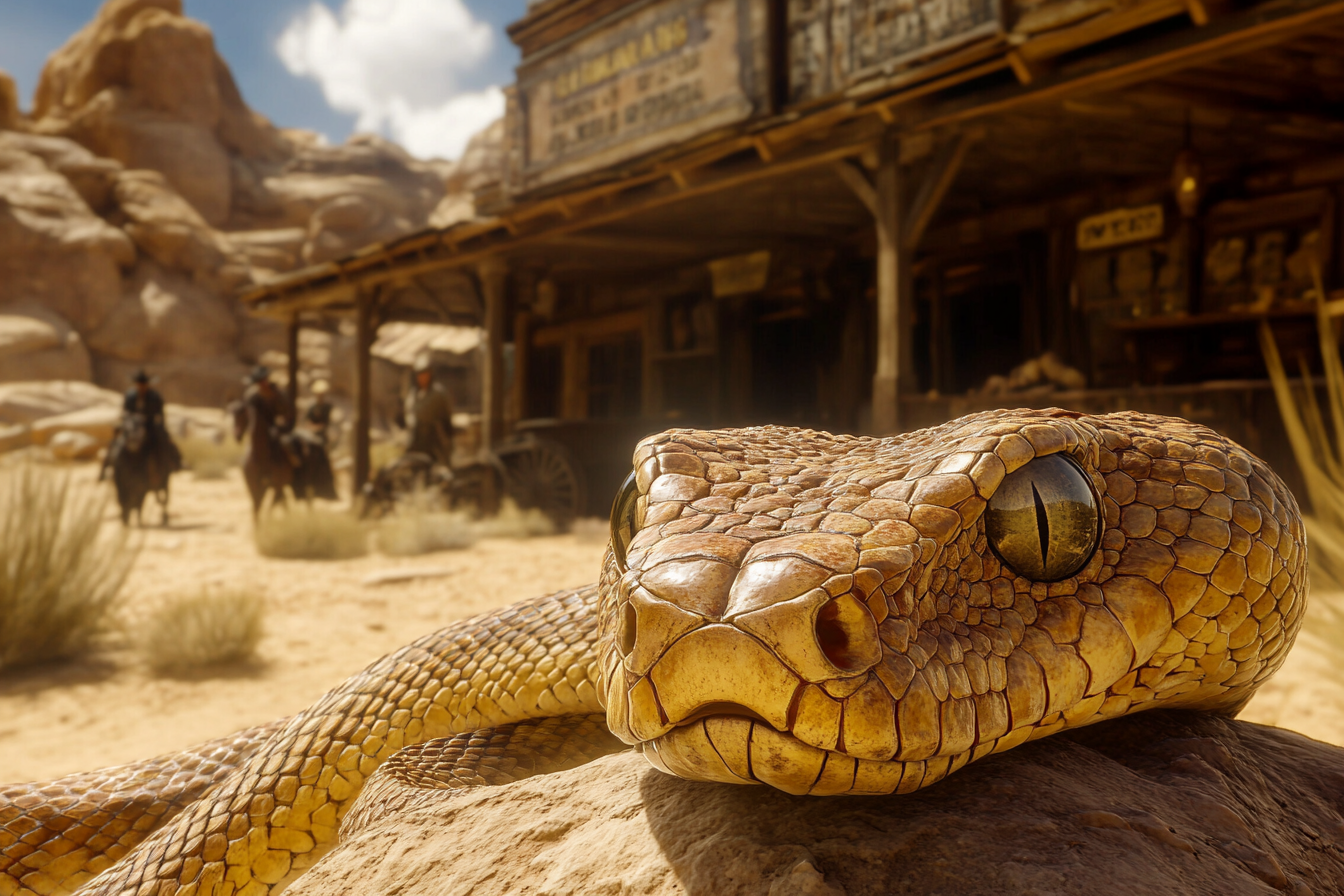 Medium shot of copperhead viper coiled in desert.