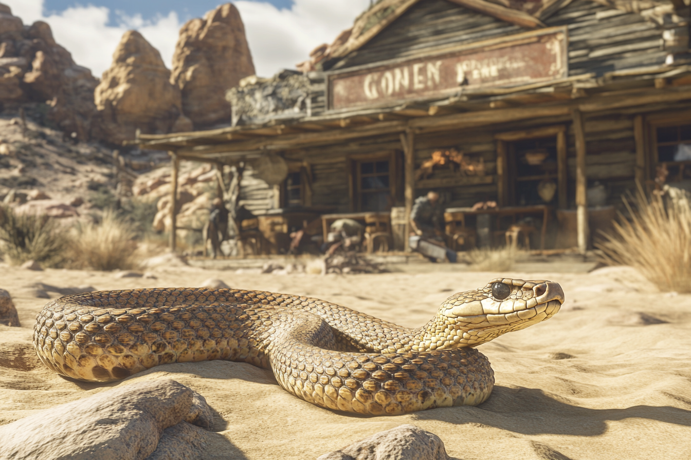 Medium shot of rattlesnake in Texas desert, spooky saloon.