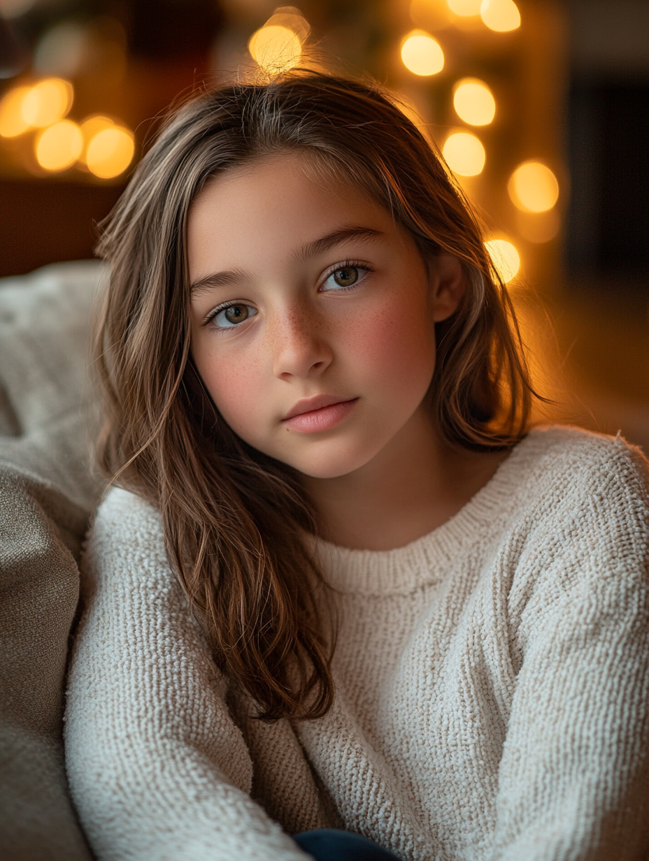 Medium shot portrait of chubby 12-year-old girl indoors.