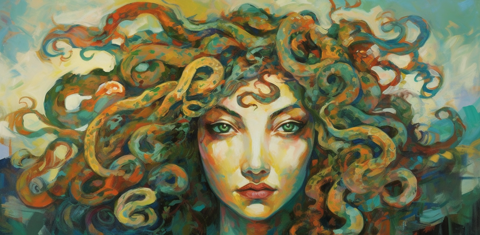 Medusa painting in Zao Wou-Ki style with jewels.