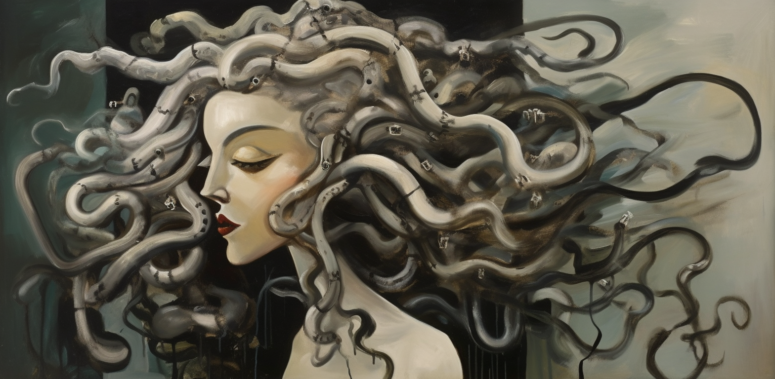 Medusa painting inspired by Yves Tanguy's abstract expressionism.