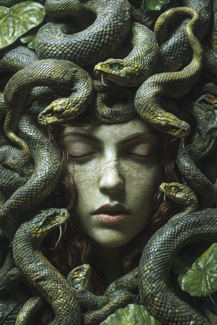 Medusa with snake hair in garden, surrounded by statues.