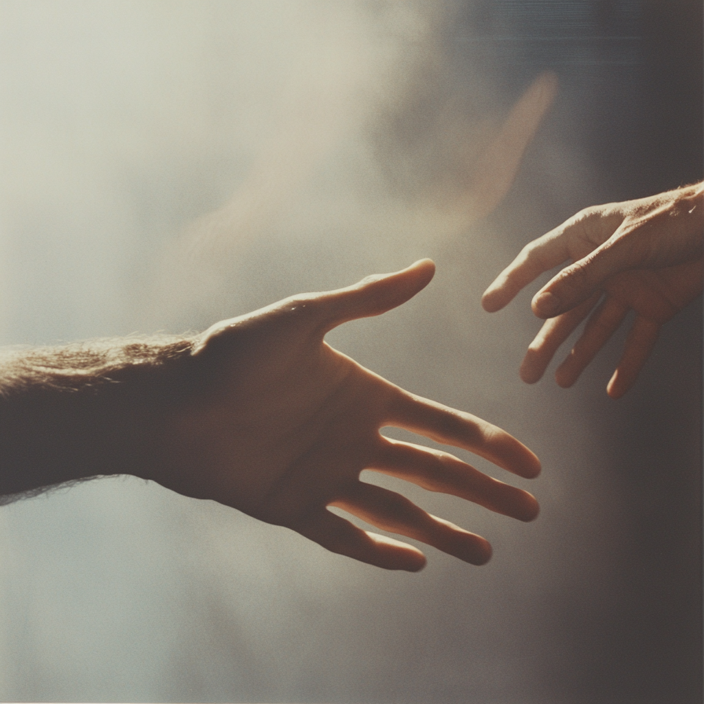 Melancholy photograph of hands reaching towards god.