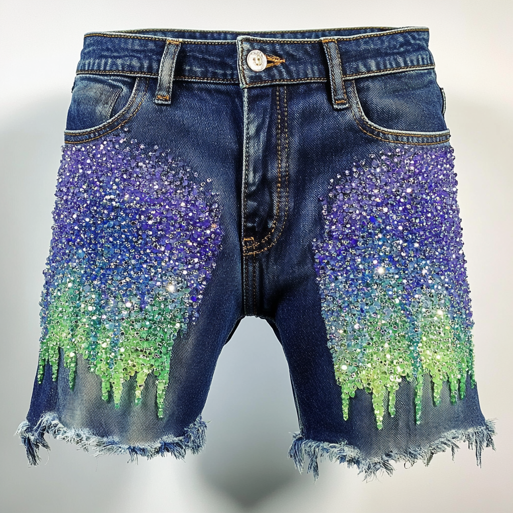 Men's Dark Blue Frayed Jean Shorts with Ombre Rhinestones. 