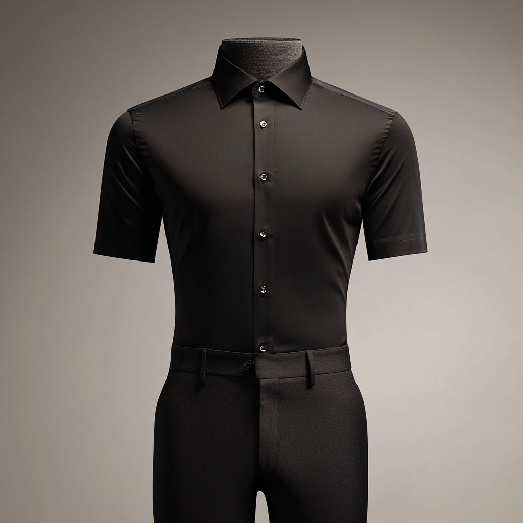 Men's black shirt on mannequin, sleek design, premium craftsmanship.