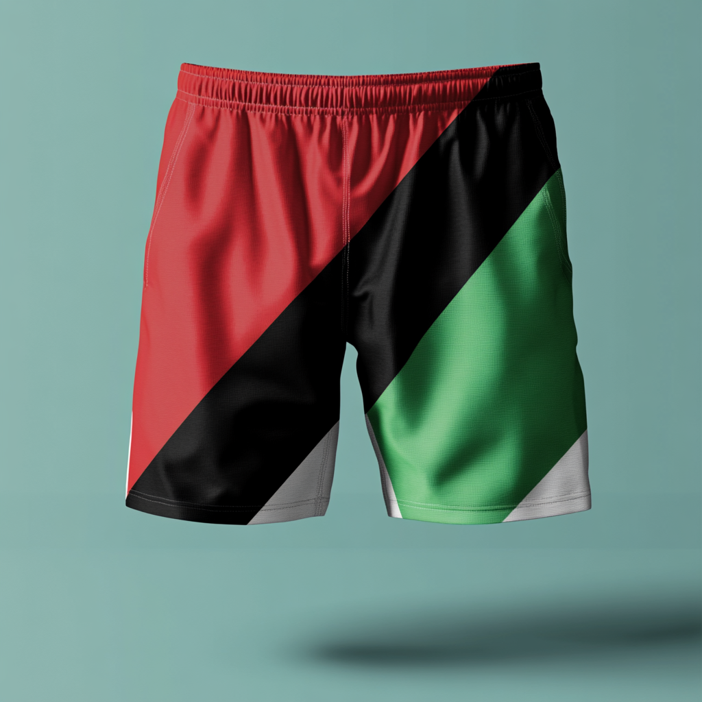 Men's swim short with flag design: red, green, black.