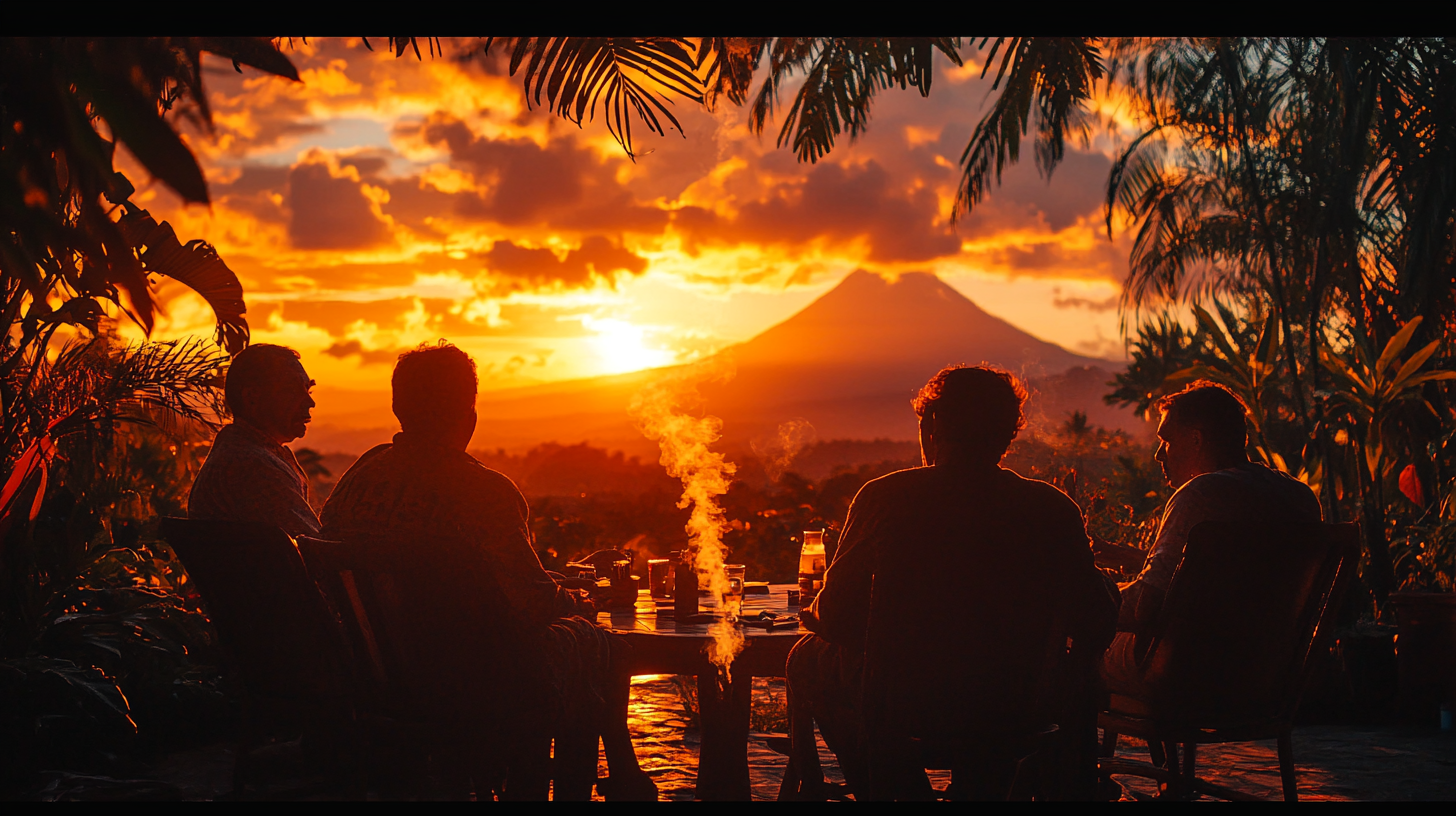 Men Sharing Stories Amidst Nicaragua's Mountain Sunset