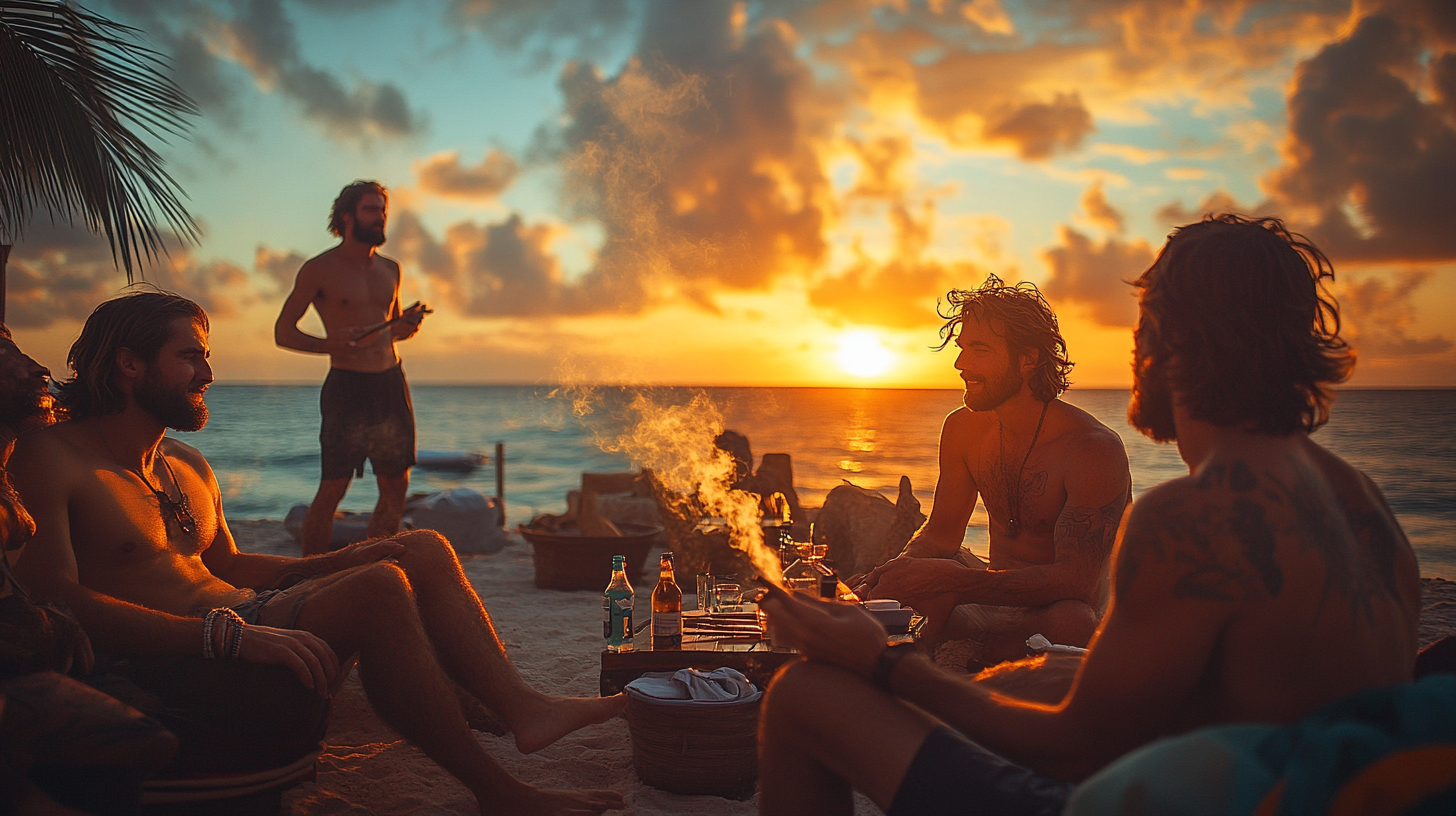 Men Socializing at Beach with Cigars during Sunset