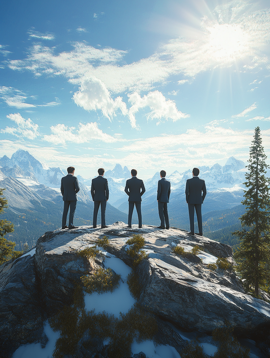 Men and women in suits on mountain admiring nature.