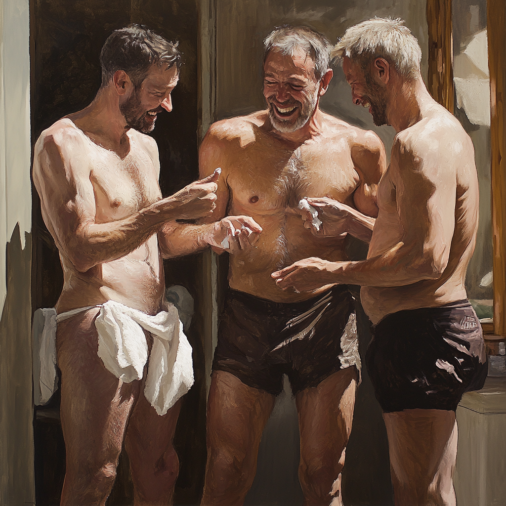 Men apply talc and chat, creating humorous scene.