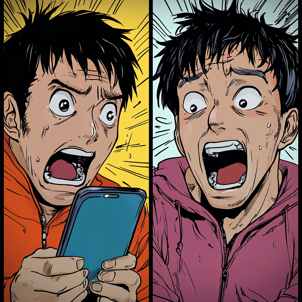 Men chat on phones in colorful manga drawings